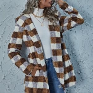 plaid brown mocha pocket hoodie teddy jacket coat